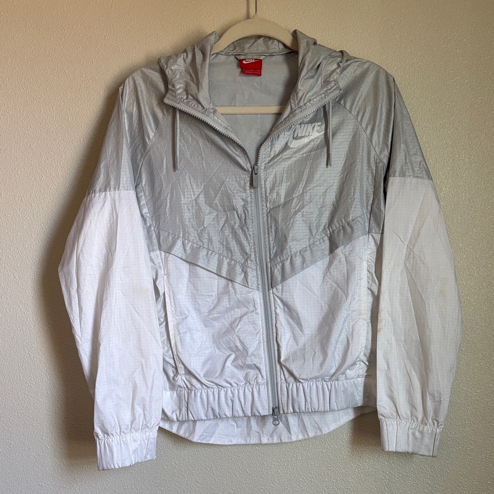 Nike Light Gray and White Hooded Windbreaker